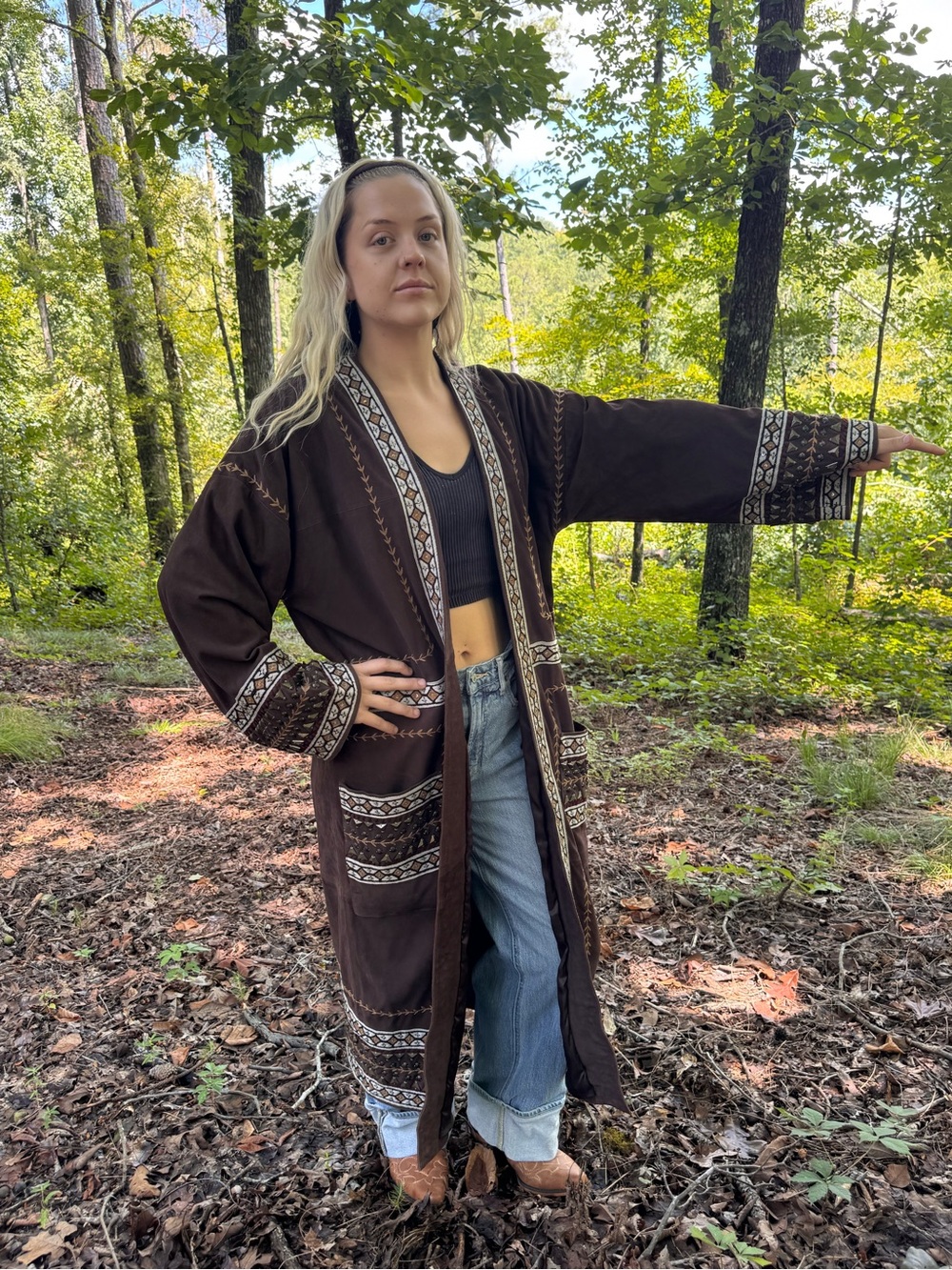 Double D Ranch Suede Embroidered & Beaded Full-Length Duster l Coat